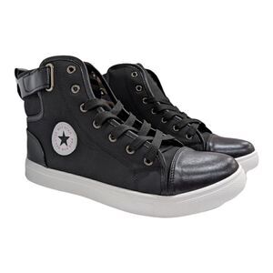 Max Star Men's Black Lace Up High Tops Faux Leather Straps Plaid Size 46, NWOT